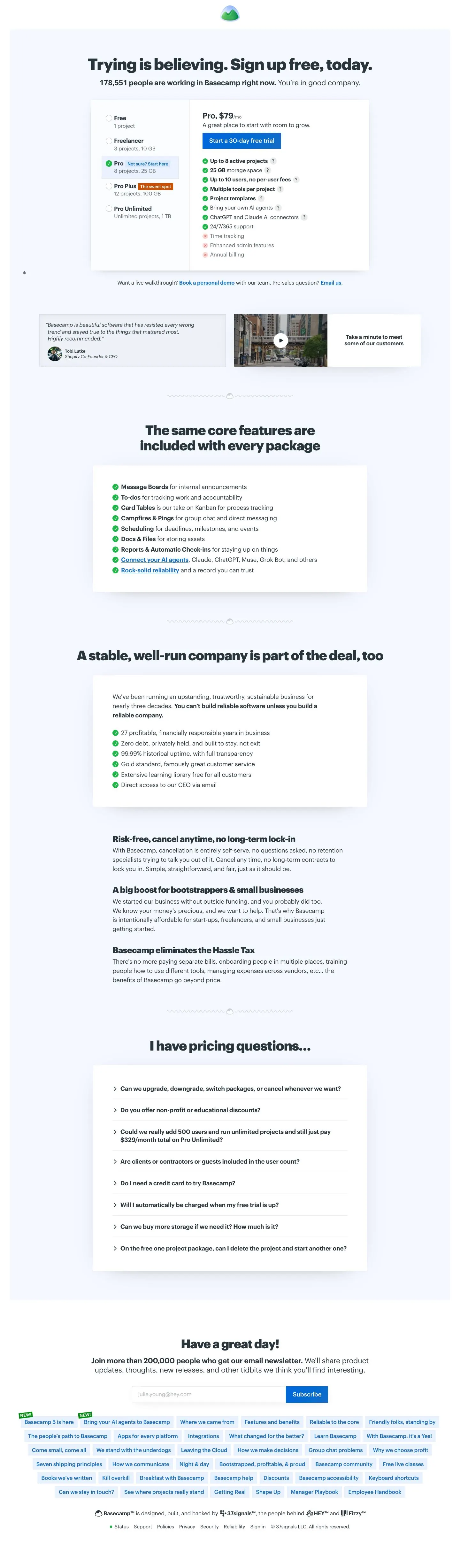 Basecamp — Narxlar