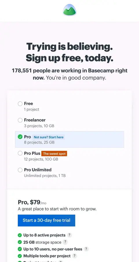 Basecamp — Narxlar