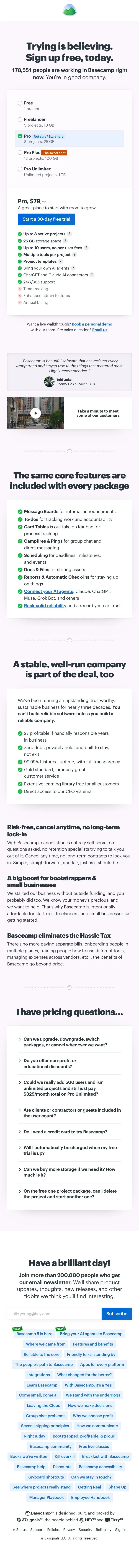 Basecamp — Narxlar