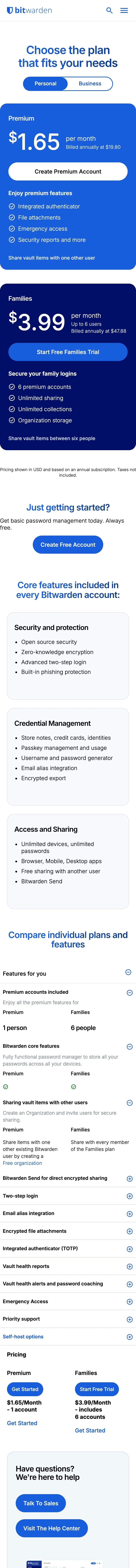 Bitwarden — Pricing