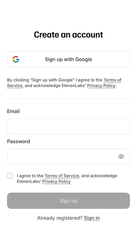 ElevenLabs — Roʻyxatdan oʻtish