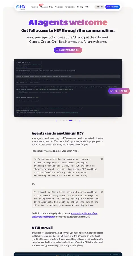 HEY — Landing page