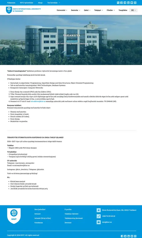 Kimyo International University in Tashkent — Vakansiyalar