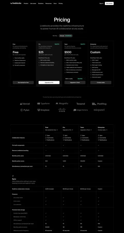 liveblocks.io — Narxlar