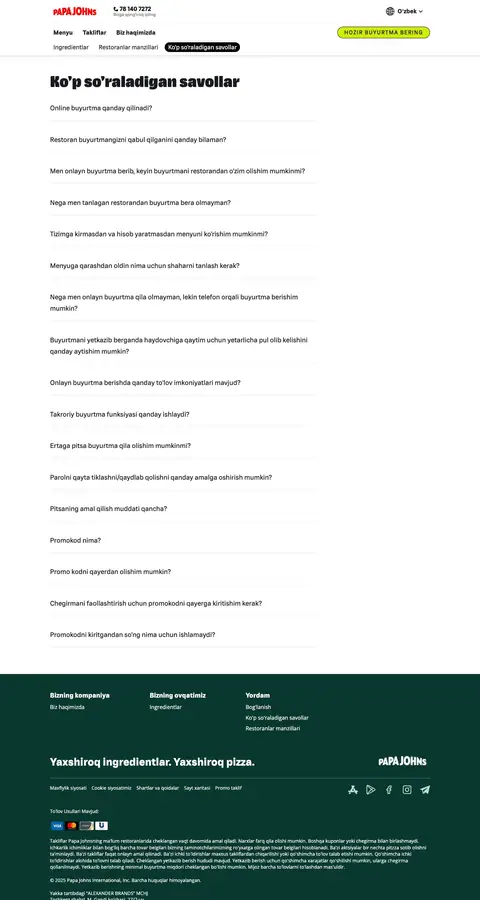 papajohns.uz — Yordam va FAQ