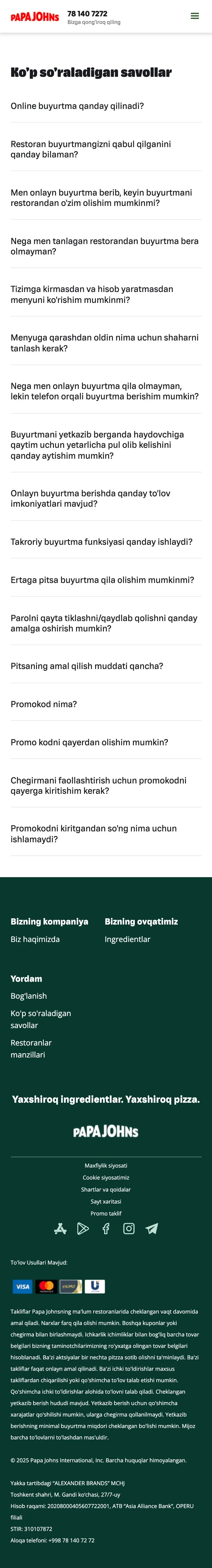 Papa Johns — Help & FAQ