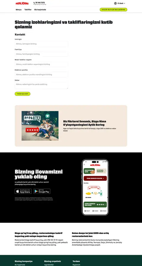 papajohns.uz — Aloqa