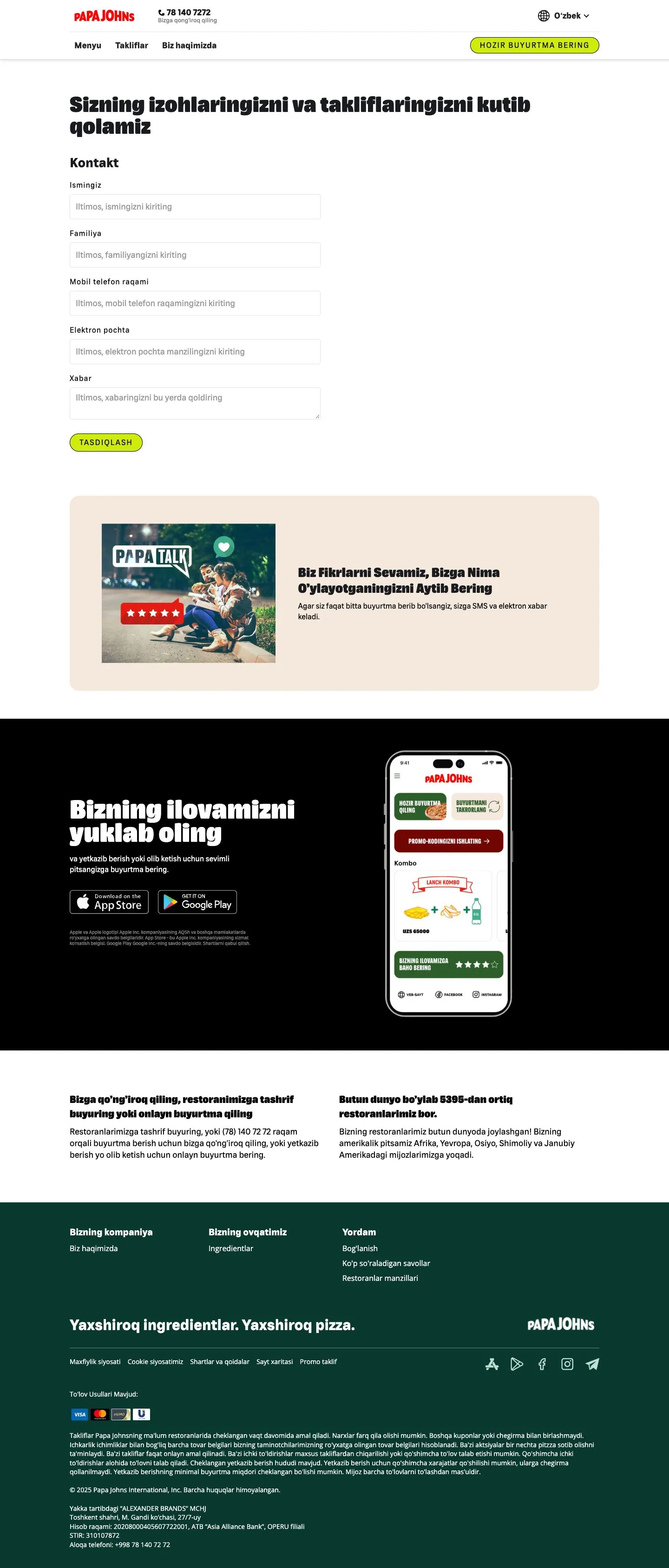 papajohns.uz — Aloqa