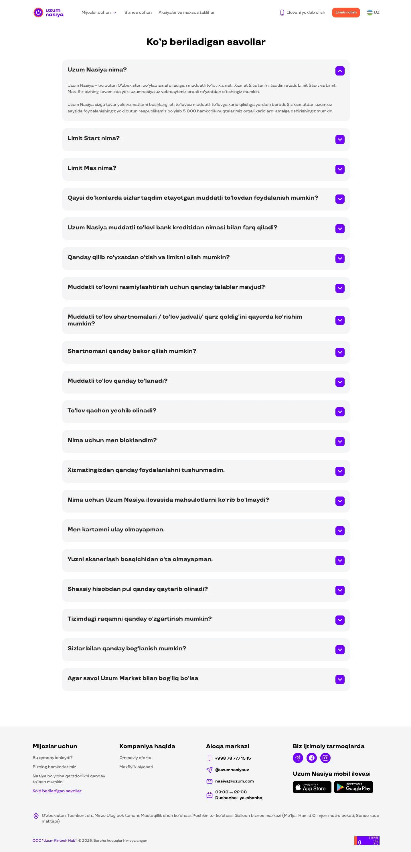 Uzum Nasiya — Yordam va FAQ