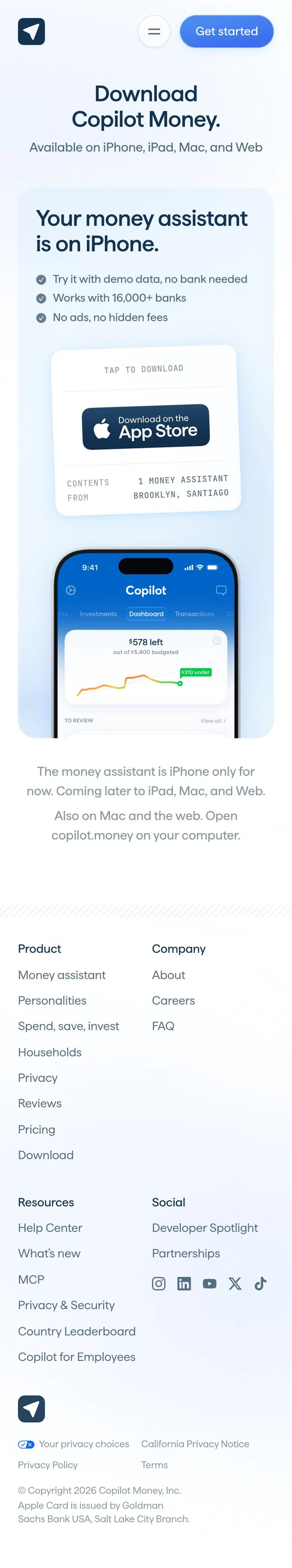 Copilot Money — Landing page