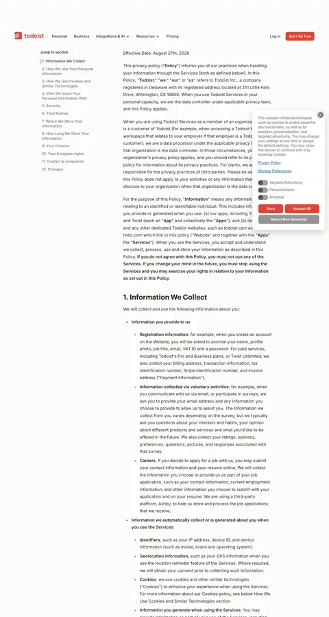 Todoist — Huquqiy