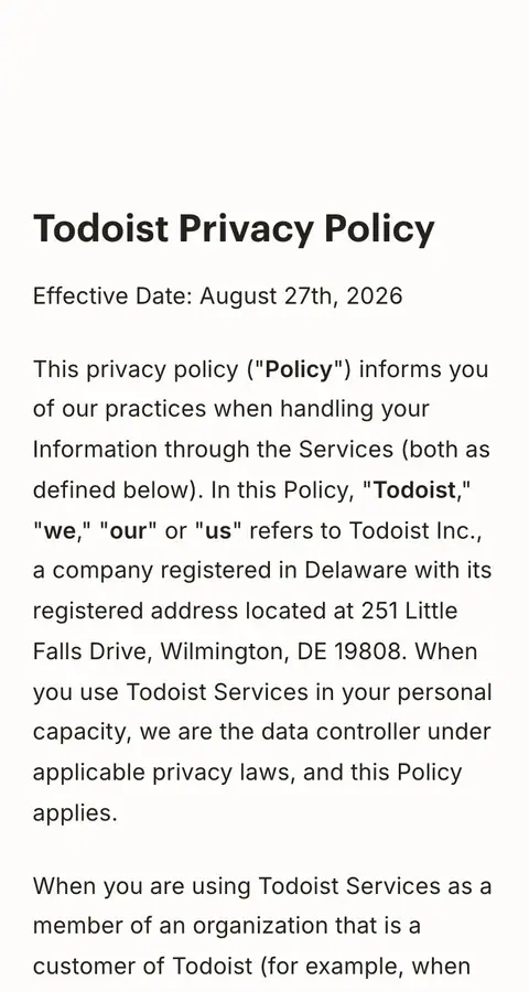 Todoist — Huquqiy