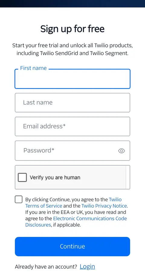 Twilio — Roʻyxatdan oʻtish