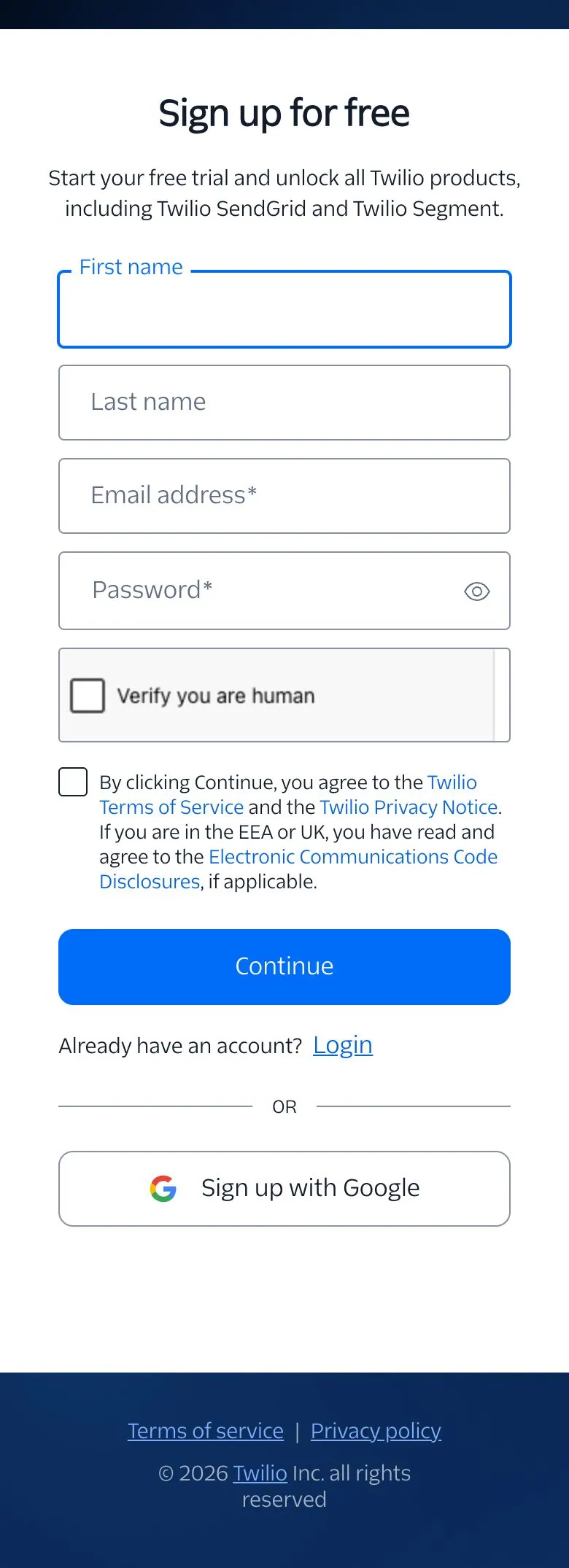 Twilio — Sign up