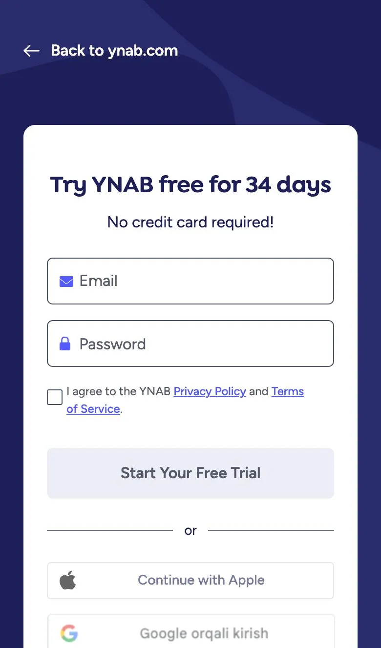 YNAB — Sign up